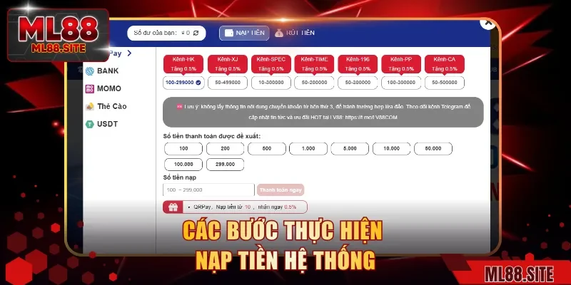 Các bước thực hiện nạp tiền hệ thống